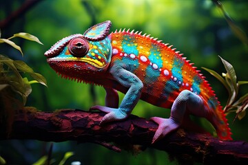 Colorful chameleon on a branch, a creative concept of adaptation and transformation. Generative AI - obrazy, fototapety, plakaty