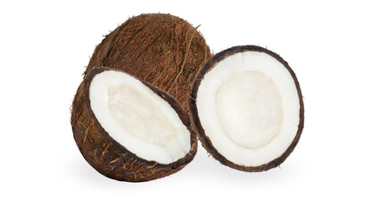 Set of whole coconuts and pieces of coconut on a white background.