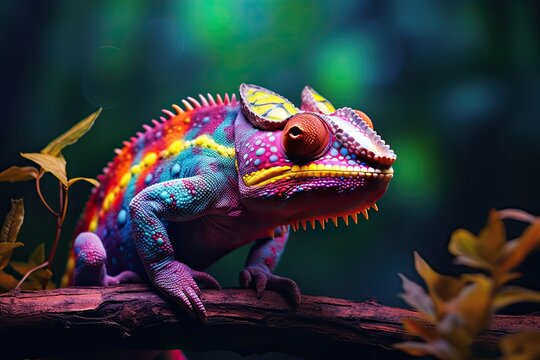 Colorful chameleon on a branch, a creative concept of adaptation and transformation. Generative AI