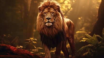 Lion standing in the middle of the forest. Generative AI