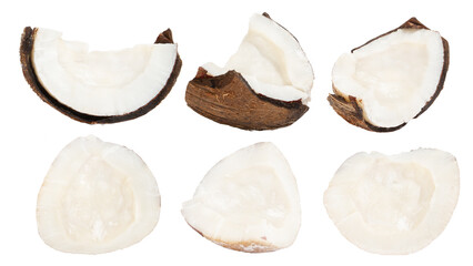 Set of whole coconuts and pieces of coconut on a white background.