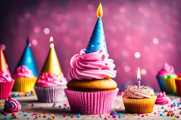 Birthday Background with Pink Birthday Cupcake and Candle, Birthday Gift and Party Hat, Copy Space Generative AI