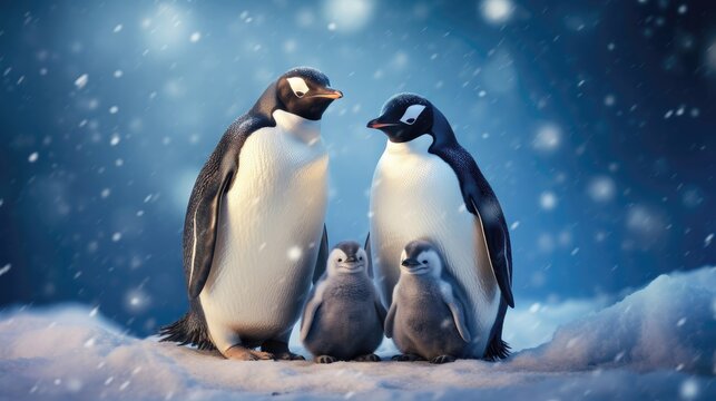 Penguin family in the snow. Generative AI