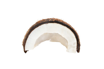 Piece, part of a coconut in a coconut shell on a white background.