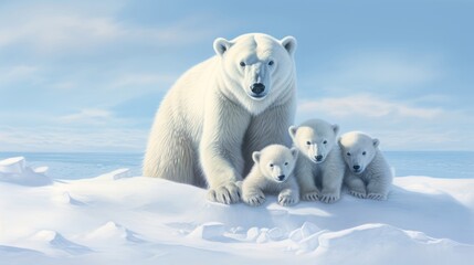Fototapeta na wymiar Polar bear family in the snow. Generative AI