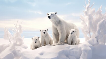 Polar bear family in the snow. Generative AI