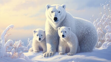Polar bear family in the snow. Generative AI