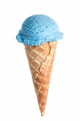 Blue ice cream in waffle glass isolated on white background