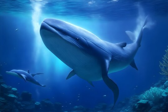Dive into a realistic underwater world, where mesmerizing blue whales gracefully swim in harmony. Explore the captivating depths