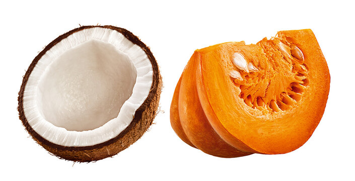 coco cortado e peda&ccedil;o de ab&oacute;bora isolado em fundo transparente