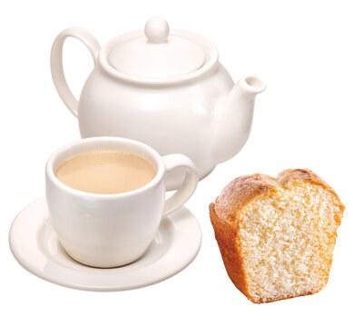 composi&ccedil;&atilde;o de bule com x&iacute;cara com caf&eacute; com leite acompanhado de fatia de bolo isolado em fundo transparente
