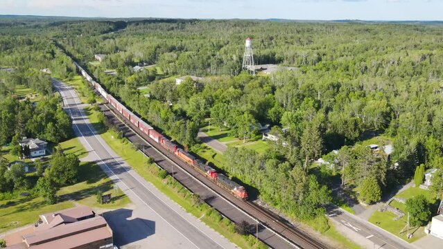 Flying over a freight train as it passes through the town of Orr in Northern Minnesota.