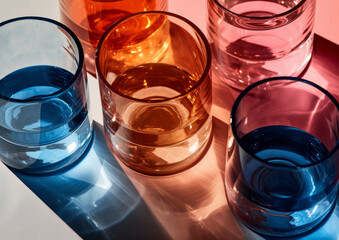 .A group of glasses in various colors filled with liquid on light background. Generative AI