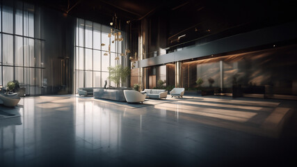 Obraz premium Eine Luxus Hotel Lobby mit Möbeln und einem großen Fenster Eingangsbereich, Generative AI
