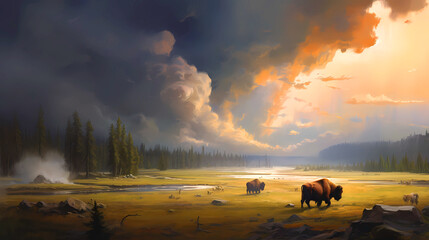 Illustration of Yellowstone National Park, USA - obrazy, fototapety, plakaty