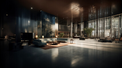 Eine Luxushotellobby mit M&ouml;beln und einem gro&szlig;en Fenster, Generative AI