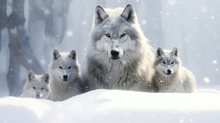 Fototapeta premium Wolf family in the snow. Generative AI