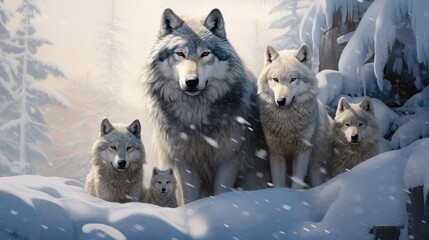 Wolf family in the snow. Generative AI