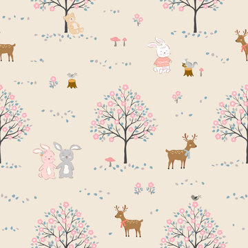Seamless pattern with cute cartoon animals happy on spring forest,design for fabric,textile,web design,print or kid product
