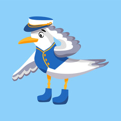 Seagull mascott in cartoon drawing style, character vector design. A bird dressed as a captain salutes with a wing. Cute sailor 
