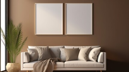 Blank picture frame mock up in modern living room with sofa pillows and brown wall background.3d rendering