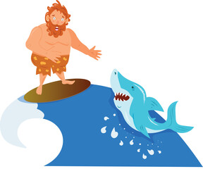 Characters of primitive people. Prehistoric stone age caveman cartoon. Caveman and shark