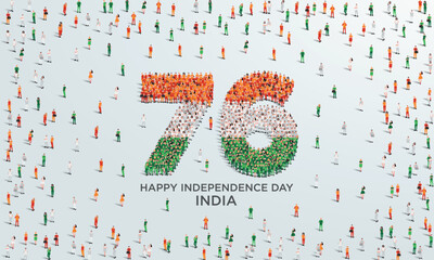 August 15 Happy Independence Day India Design. A large group of people form to create the number 76 as India celebrates its 76th National Day on the 15th of August.