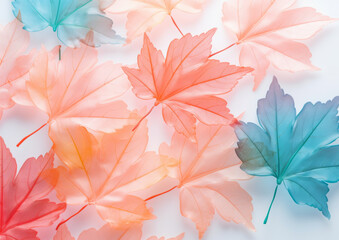Pastel transparent autumn leaves. Trendy fall background. Generative AI.