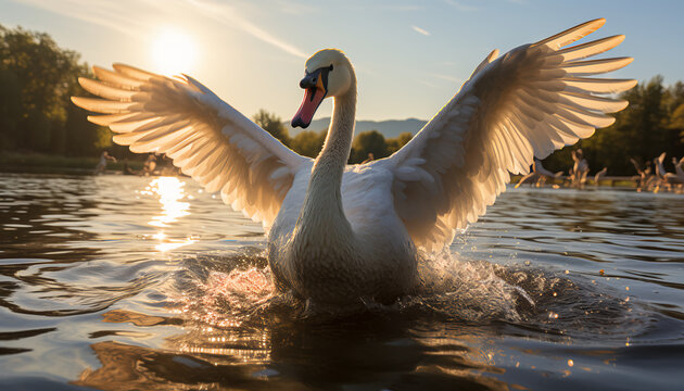 regal swan taking flight from a lake