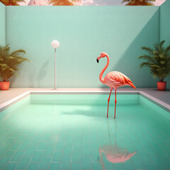 A flamingo standing in a pool on a sunny day. Generative AI