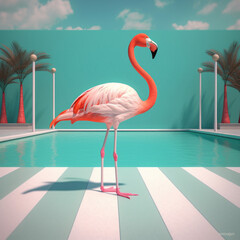 A flamingo standing in a pool on a sunny day. Generative AI