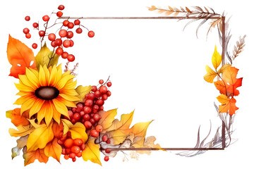 watercolor background with red, orange, brown and yellow falling autumn leaves and flowers.