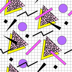 Seamless 90s pattern. Graphic in retro style. Vintage aesthetics. Geometric shapes. Textile design from 1990. Abstract decor vector image. Psychedelic trendy art.