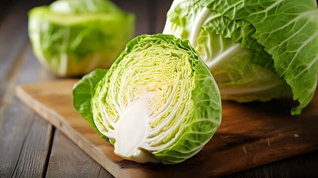Fresh savoy cabbage on cutting board on wooden background, closeup