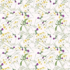 Obraz premium Trendy seamless floral textile print. Aerial flora pattern. Botanical print with meadow herbs and small-sized flowers, thin stems, graceful fragile, loose pattern. Pattern for linen bed. Vector