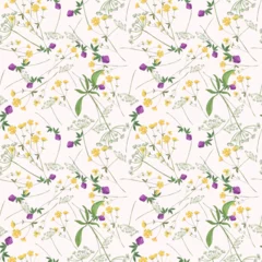 Foto op Canvas Trendy seamless floral textile print. Aerial flora pattern. Botanical print with meadow herbs and small-sized flowers, thin stems, graceful fragile, loose pattern. Pattern for linen bed. Vector © Arylanna