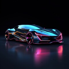 Modern car stands at night in neon lights, side view. Sports car, futuristic autonomous vehicle. HUD car