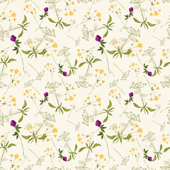 Trendy seamless floral textile print. Aerial flora pattern. Botanical print with meadow herbs and small-sized flowers, thin stems, graceful fragile, loose pattern.
Pattern for linen bed. Vector