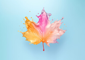 Fototapeta na wymiar A maple leaf made of colored liquid on a blue background. Generative AI