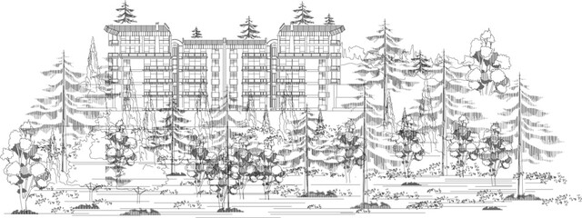 Sketch vector illustration architectural design layout resort complex in the middle of the forest