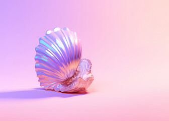 .A seashell with holographic colors on a pink pastel background. Generative AI