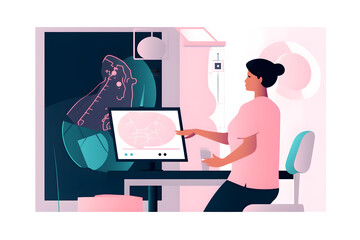 Flat vector illustration in the hospital the patient undergoes a screening procedure for a mammogram which is performed by a mammogram a modern technologically advanced clinic with professional doctor