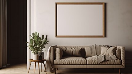 Poster frame mockup in brown living room with sofa,armchair and table.3d rendering
