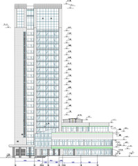 Vector sketch illustration of architectural design of building mall, shopping center and city skycrapper apartment hotel