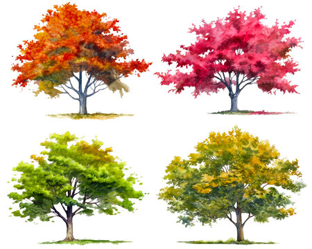 Collection of watercolor difference color tree isolated on white background. PNGs transparent background. AI Generative.