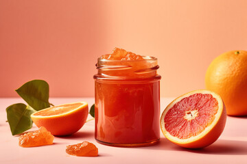 Blood Orange Marmalade jam food photography close-up with sliced orange, generative ai