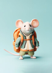 .An adorable mouse carrying a school backpack in fron of mint background. Generative AI