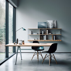 Workplace with wooden desk and two black chairs against of grey wall with shelving rack. Interior design of modern scandinavian home office. Created with generative AI