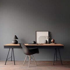 Home workplace with wooden desk and black chair near dark grey wall with copy space. Minimalist interior design of modern scandinavian home office. Created with generative AI