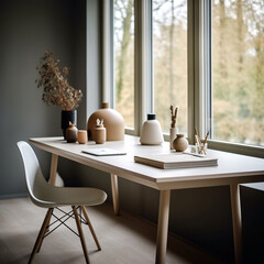 Home workplace with writing desk and white chair against window. Interior design of modern scandinavian home office. Created with generative AI